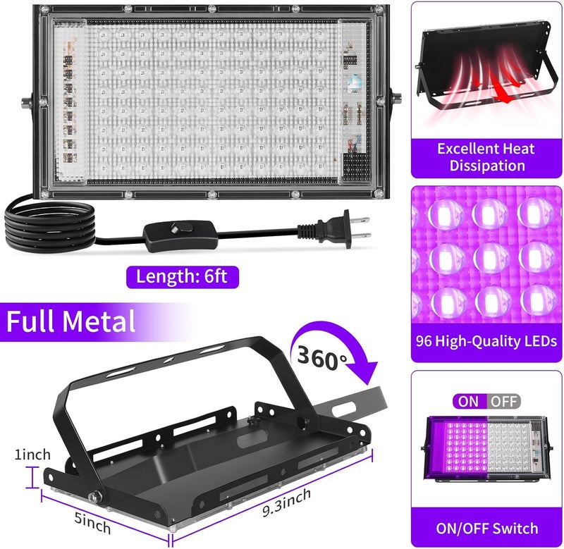 YAYIT 100W Black Lights with Switch+Plug, IP66 Waterproof, LED Blacklight Flood Light for Glow Party, Halloween, Bedroom, Fluorescent Poster, Body Paint, 2 Pack - Image 4